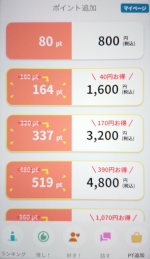 ハルカのポイント購入画面と料金